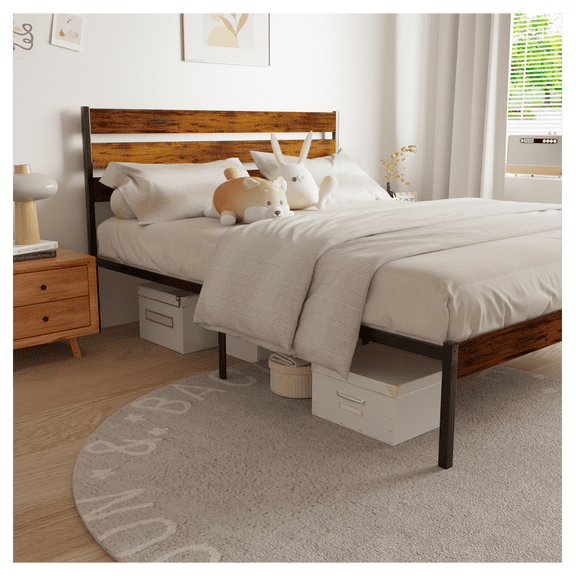 Queen Size Rustic Wood Headboard & Footboard Iron Platform Bed Frame