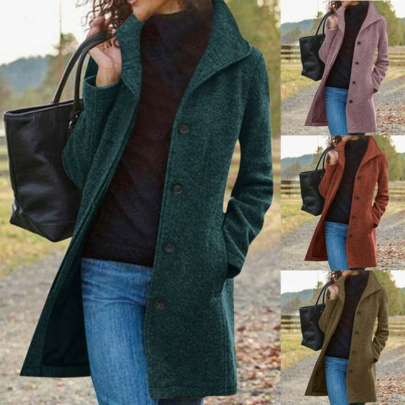 FRSASU Women's Casual Thicken Single Breasted Pea Coat Stand Collar Mid Long Wool Coats with Pockets Navy