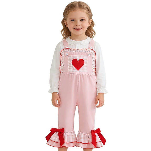MEZZALL Valentine's Day Girls Heart Embroidery Denim Romper Jumpsuit With Flared Legs And Adjustable Straps Toddler Baby Casual Onesie Holiday Long Sleeve O-Neck Spring Child One-Pieces