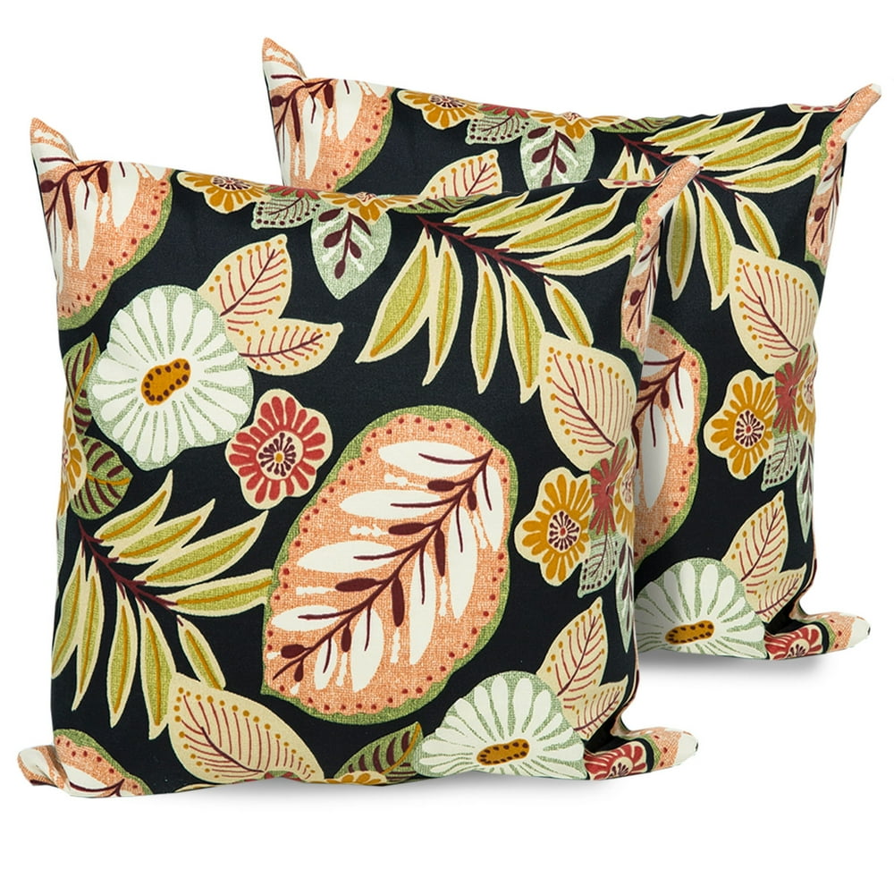 Black Tropical Floral Outdoor Throw Pillows Set of 2
