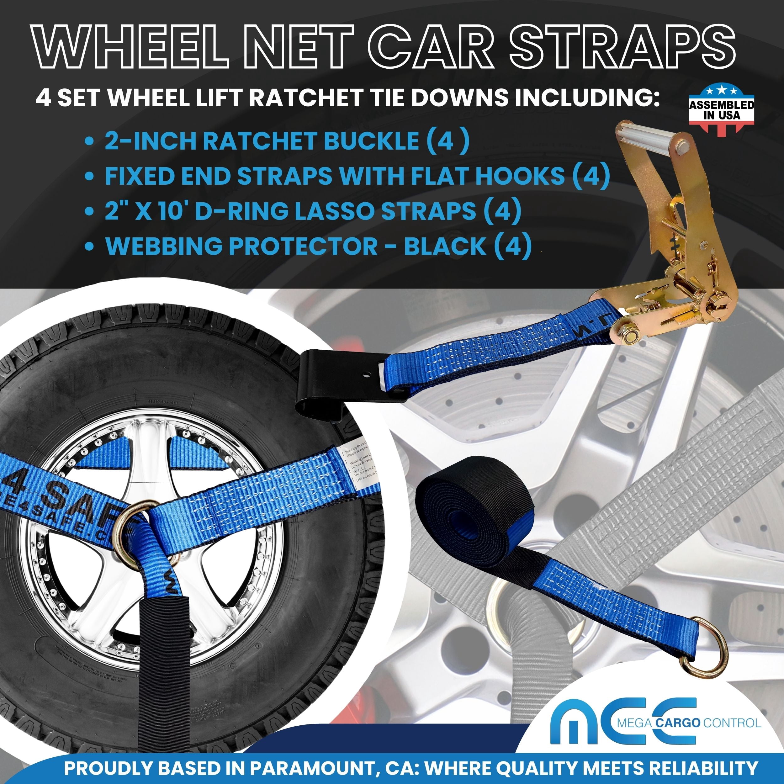 Mega Cargo Control USA 4 Pack 2" x 10' Side Mount Wheel Net Tie Down w/ Ratchet Lasso Strap Flat Hook WLL: 3333 lbs Blue