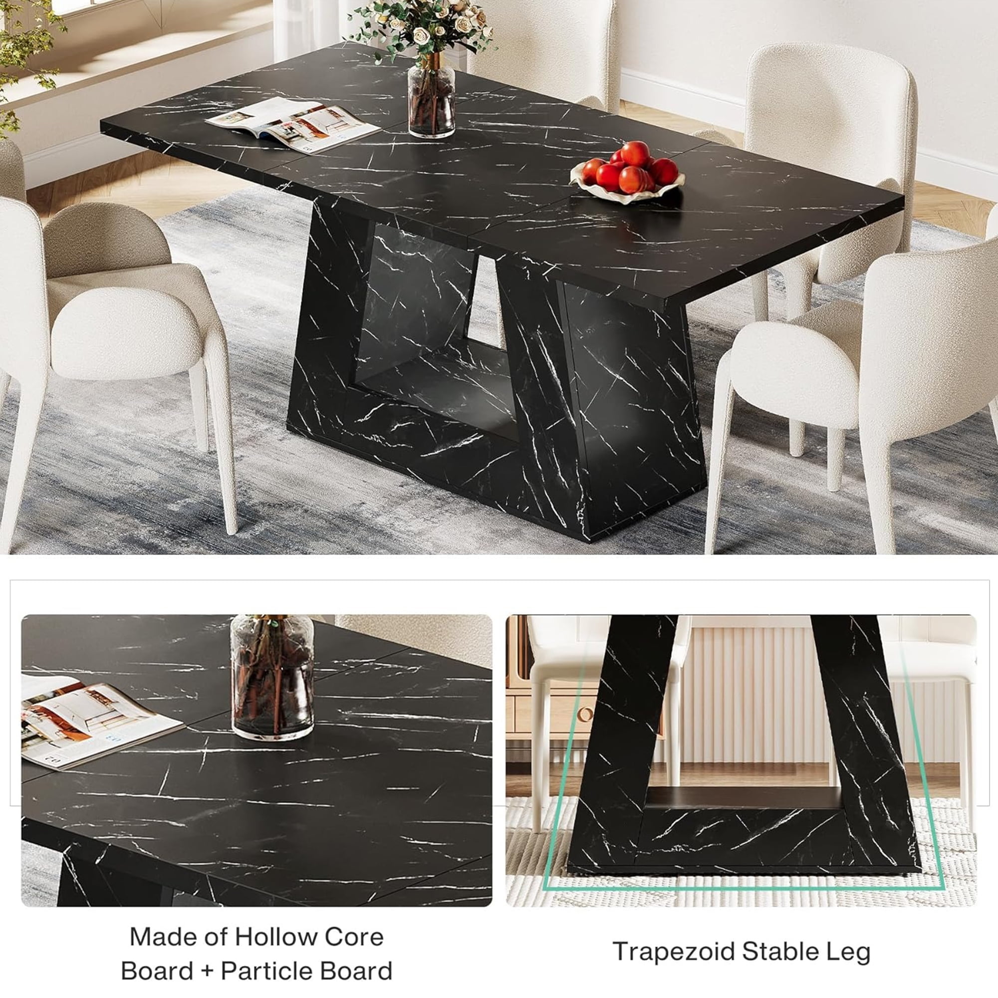 Modern Black Faux Marble Dining Table, 63" Rectangular 4-6 Seater Wood Table with Sturdy Base, Kitchen Living Room Dinner Table