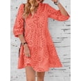 thumbnail image 2 of utcoco Women's 2026 Eyelet Lace Midi Dress V Neck Puff 3/4 Sleeve Button Tiered Sexy A Line Sun Dress, 2 of 6