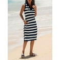 thumbnail image 2 of Sleeveless Women's Striped Summer Dress Casual Polo V Neck Slit Loose Fit T Shirt Midi Dresses, 2 of 7