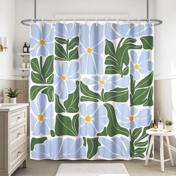 Blue Floral Shower Curtain Retro Botanical Daisy Flowers Bathroom Decor With Green Leaves Fabric Water Resistant 71x71 Inches