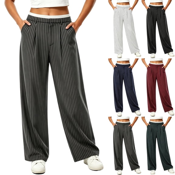 Tqcoqu Women's Pinstripe Wide Leg Suit Pants,Contrast Elastic Waist Pleated Straight Fit Dress Trousers with Side Pockets