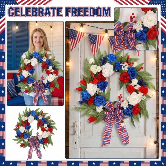 July 4th Wreath Americana Independence Day Patriotic Wreath ,24 Inch Handcrafted Memorial Day Wreath, Festival Garland Decoration Front Door Wall Home Decor