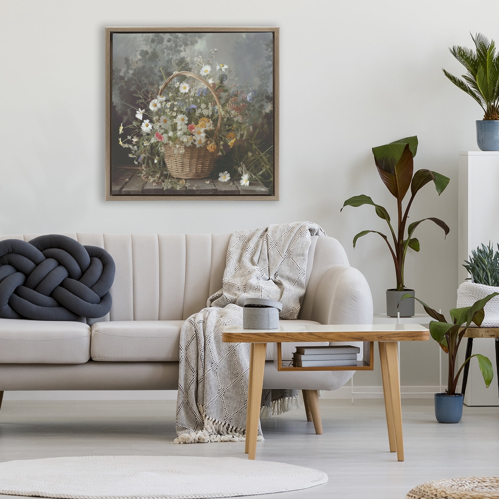 Stupell Industries Florals In A Basket Arrangement Brown Framed Floater Canvas Wall Art, design by Lazar Studio
