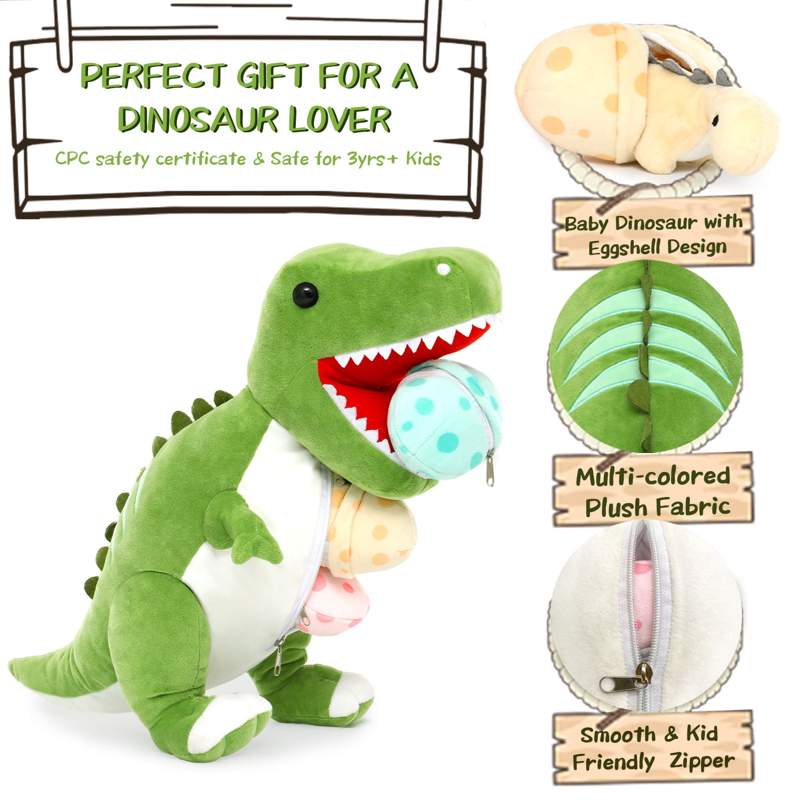 MorisMos 23.6" Green Dinosaur Stuffed Animal Mommy Dinosaur with 3 Baby Plush Toys