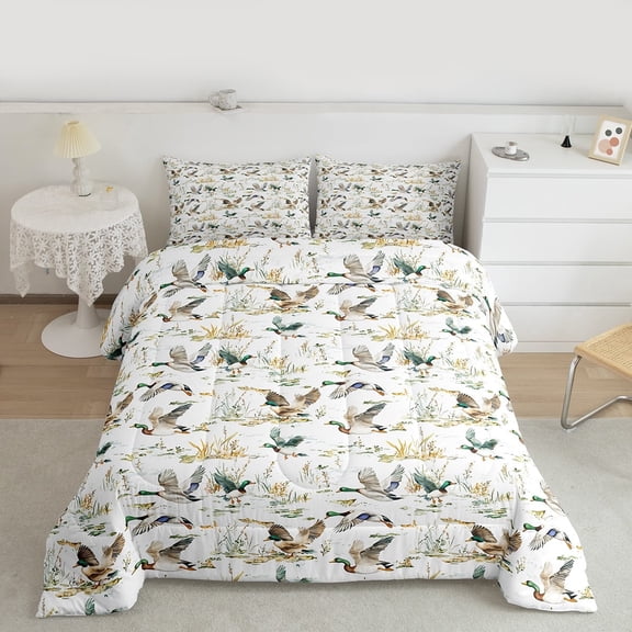 jejeloiu Farmhouse Mallard Duck Queen Comforter Set,Country Farm Bedding Sets,White Green Brown Bedding Comforter Set For Child,Ultra Soft Home Decor Reversible,3 Pieces