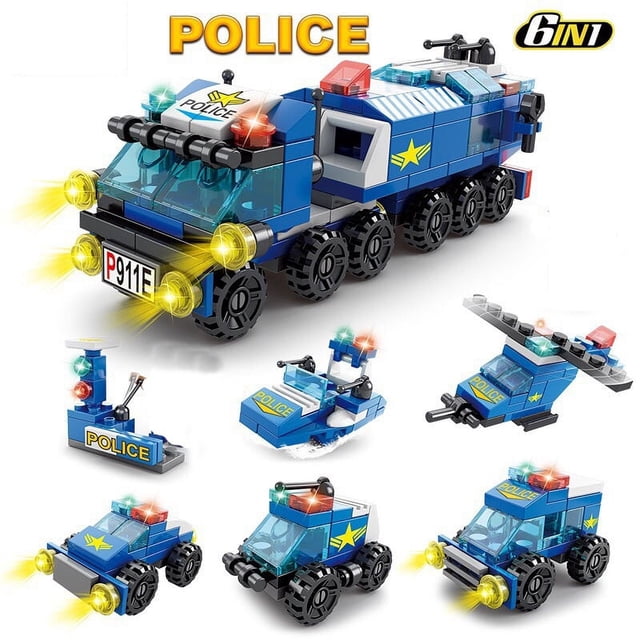 Mini tamaño 6 en 1 bloques de construcción DIY coche de policía camión de bomberos Castillo modelo ladrillos juguetes educativos para niños regalos,8612-6