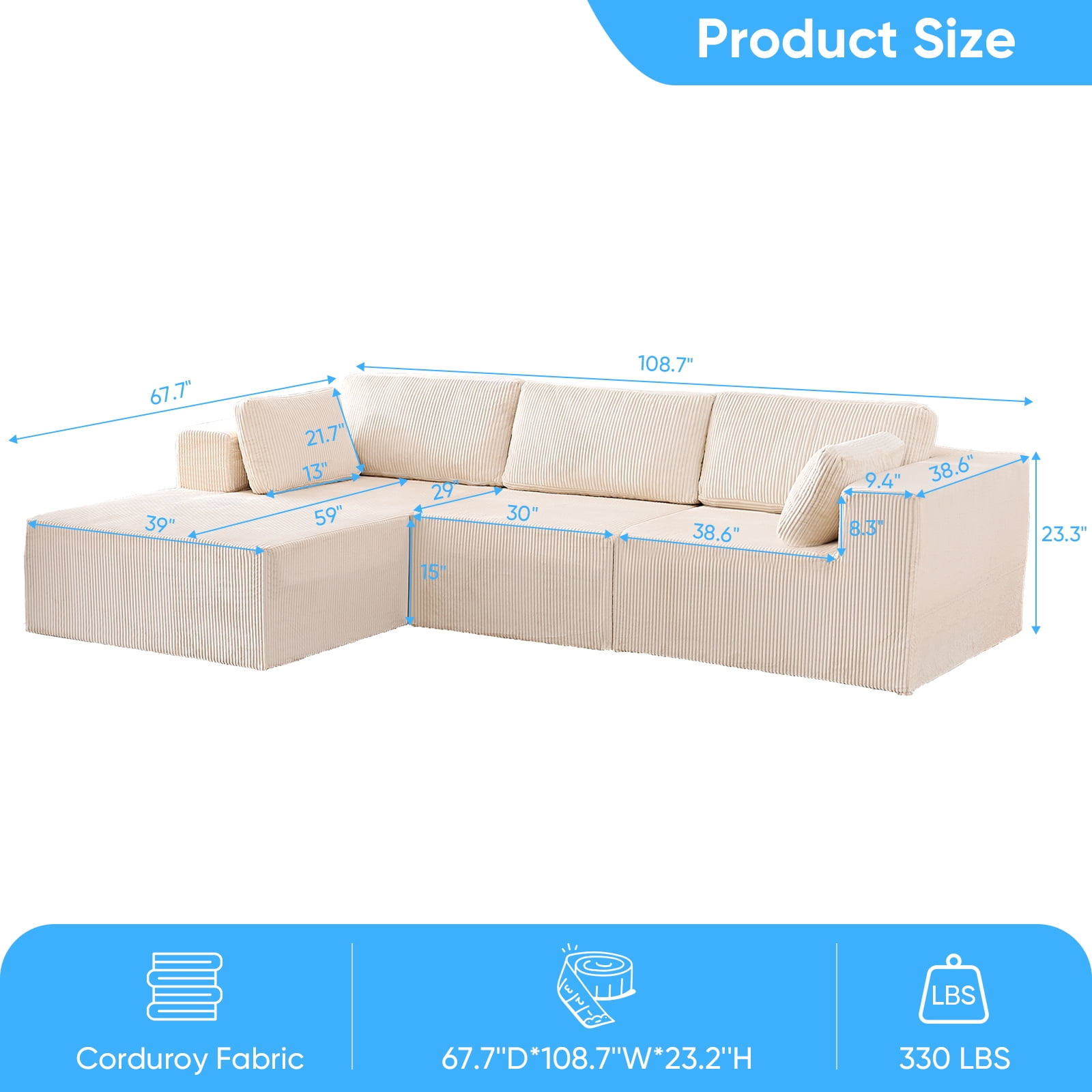 ZAFLY 106" Cloud Sectional Couch with Chaise, L Shaped Sleeper Sofa with Deep Seat, Oversized Modular Couches and Sofas for Living Room -  Beige