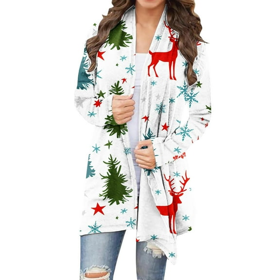 Christmas Cardigan for Women Long Sleeve Knit Sweater Open Front Holiday Casual Jacket Winter Xmas Party Outfit
