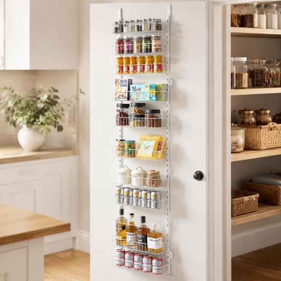 Over-the-Door Pantry Organizer, 10-Tier Steel Hanging Rack, Adjustable Wall Storage Shelves, Suitable for Kitchen, Laundry, Bathroom, White