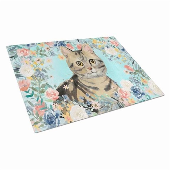 Caroline's Treasures CK3387LCB Shorthair Brown Tabby Spring Flowers Glass Cutting Board Large, 12H x 16W,