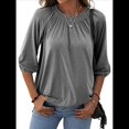 thumbnail image 3 of Camiseta de Cuello Redondo para Mujer, Blusa de Algodón de Media , Mangas 3/4, Informal, Holgada, Plisada, Básica. Gris XL, 3 of 7