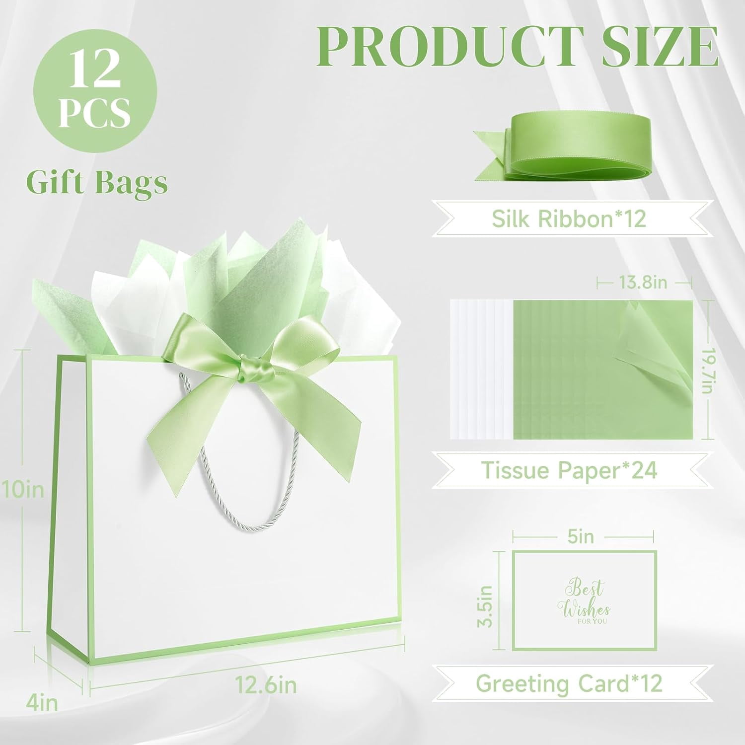 Gift Bags with Handles, Includes Tissue Papers, Bows, Ribbons & Cards for Weddings, Bridesmaids, Birthdays, Thank You, Easter, Mother's Day, Holidays (White and sage green)