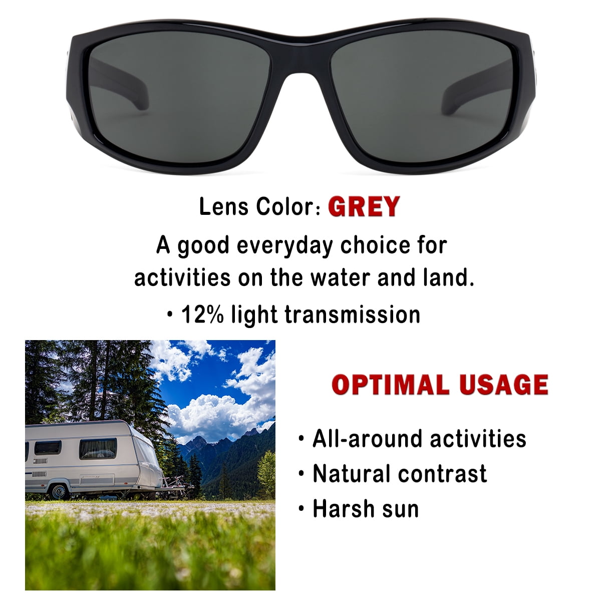 B.N.U.S Corning Glass Lens Polarized Sunglasses Men Women Wrap-round Mirror Scratch Proof Shades Black Grey Lens