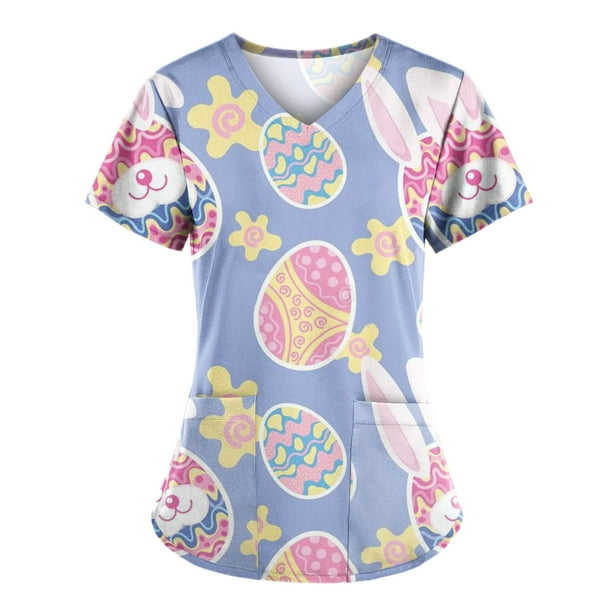 Pascua Mujer Cuello en V Casual Manga corta Impreso Bolsillos Señoras Tops Blusa Uniforme Pompotops hkajfhjk461767