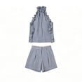 thumbnail image 4 of Women's Striped Ruffle Halter Sleeveless Tank Top Drawstring Pocket Shorts 2 Piece Outfit, Summer Beach Casual Matching Set Blue XL(XL), 4 of 5