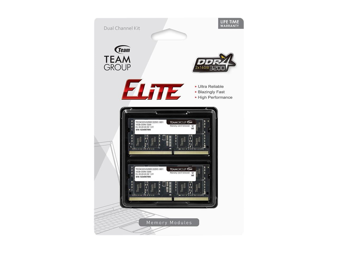 Team Elite 32GB RAM Stick (2 x 16GB) DDR4 3200 (PC4 25600) 260-Pin