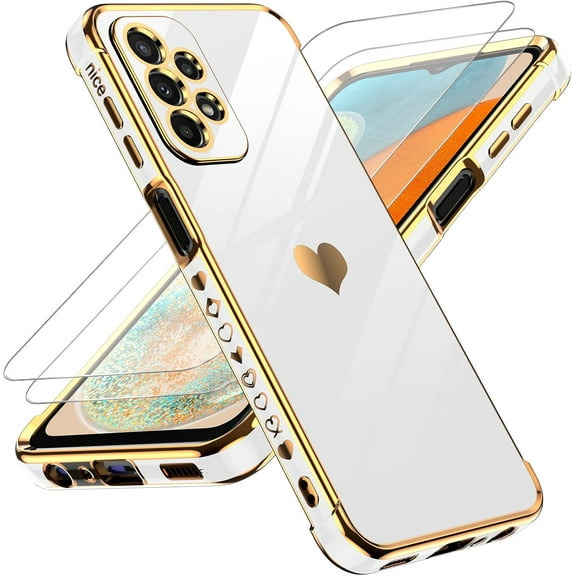 for Galaxy A23 5G Case Samsung Galaxy A23 5G Case with Screen Protector [2 Pcs]  Full Camera Protection, Love Heart Plating Girly Women Cute Luxury Soft TPU Case for Samsung A23 5G, White