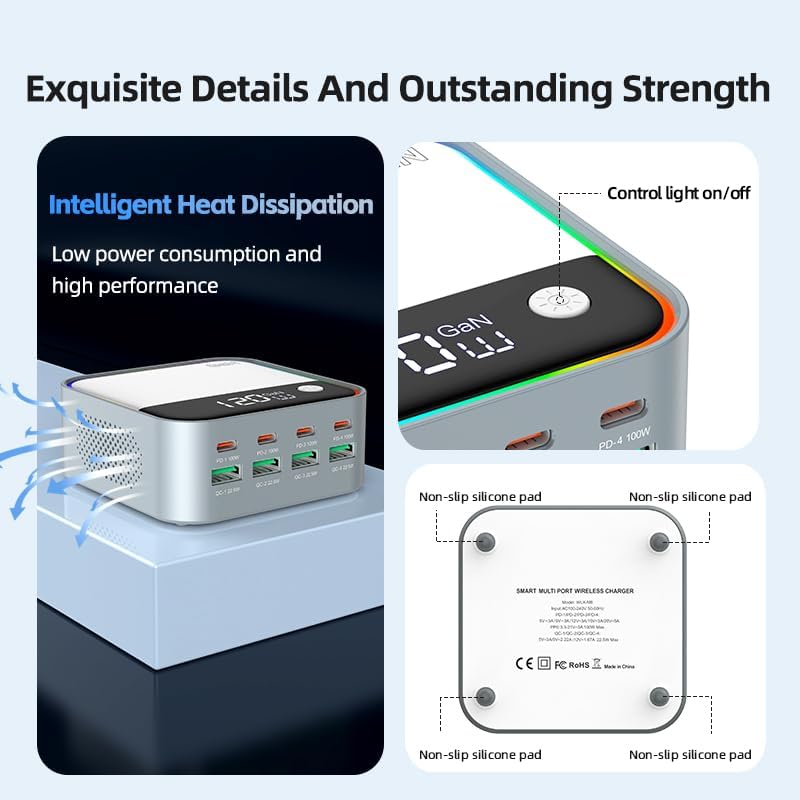 120W GaN USB C Charger Block, 8-Port USB Charging Station, Fast Charging Hub with Rainbow Gradient Light & LED Display, Desktop Charger Adapter for Phone, Tablet, Laptop, Headphones