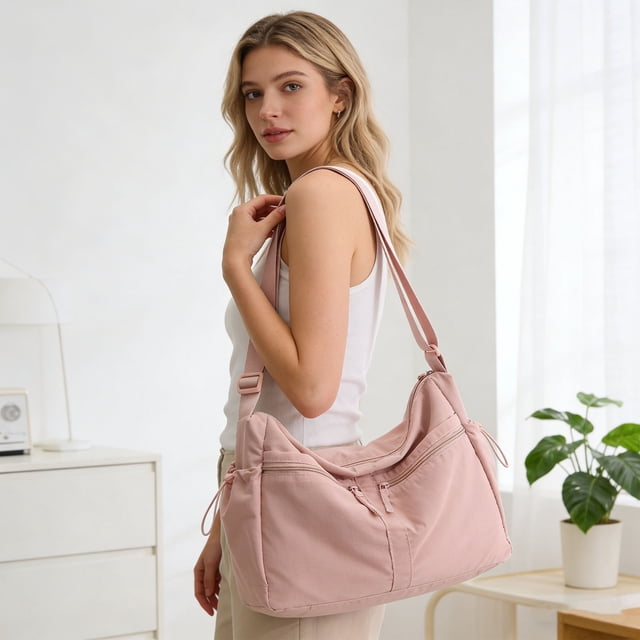 Bolso bandolera de mujer de color liso con diseño multibolsillos: bolso de hombro ligero de nailon para ir al trabajo, uso diario informal y viajes.