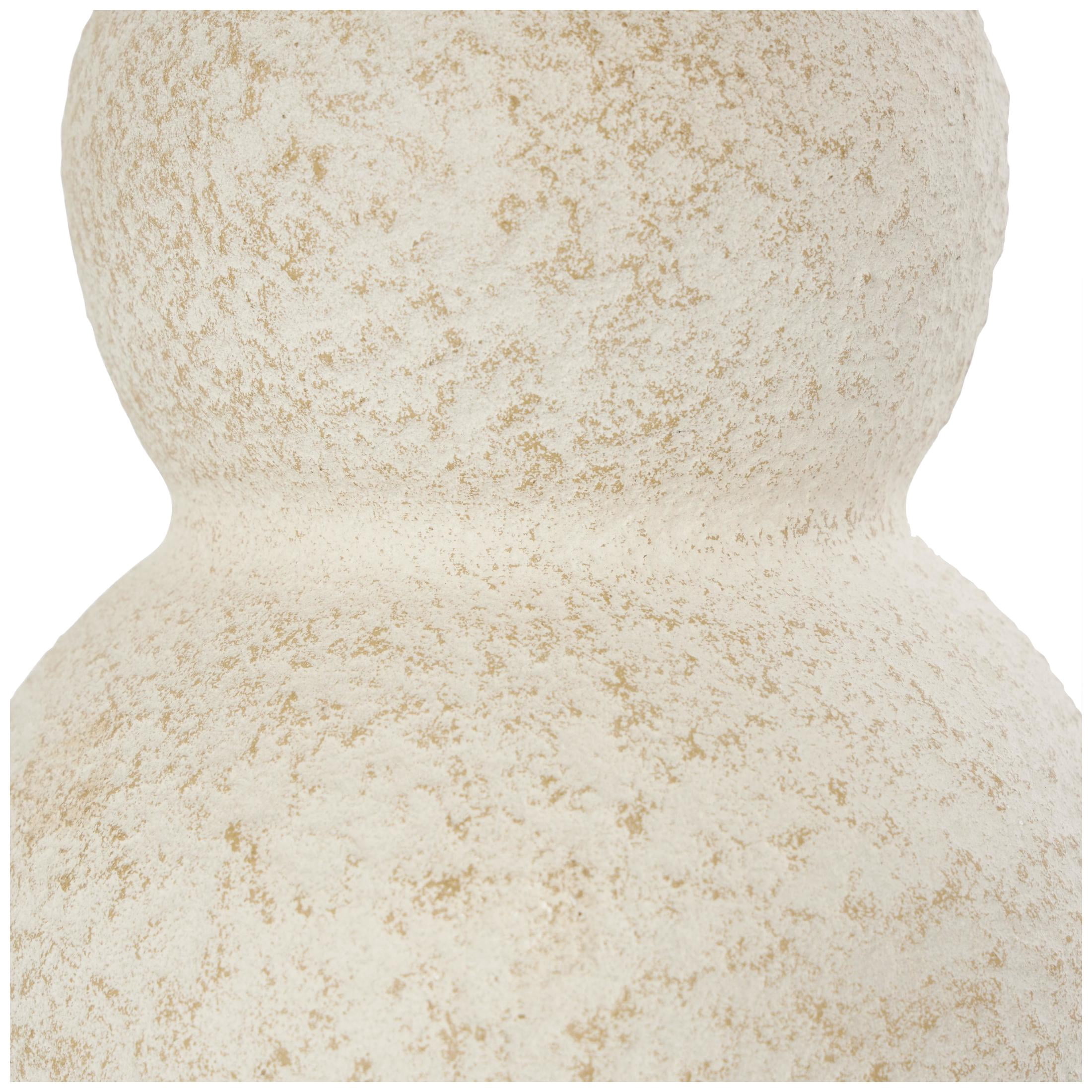 DecMode 12" Hourglass Textured Cream Ceramic Vase with Brown Distressing