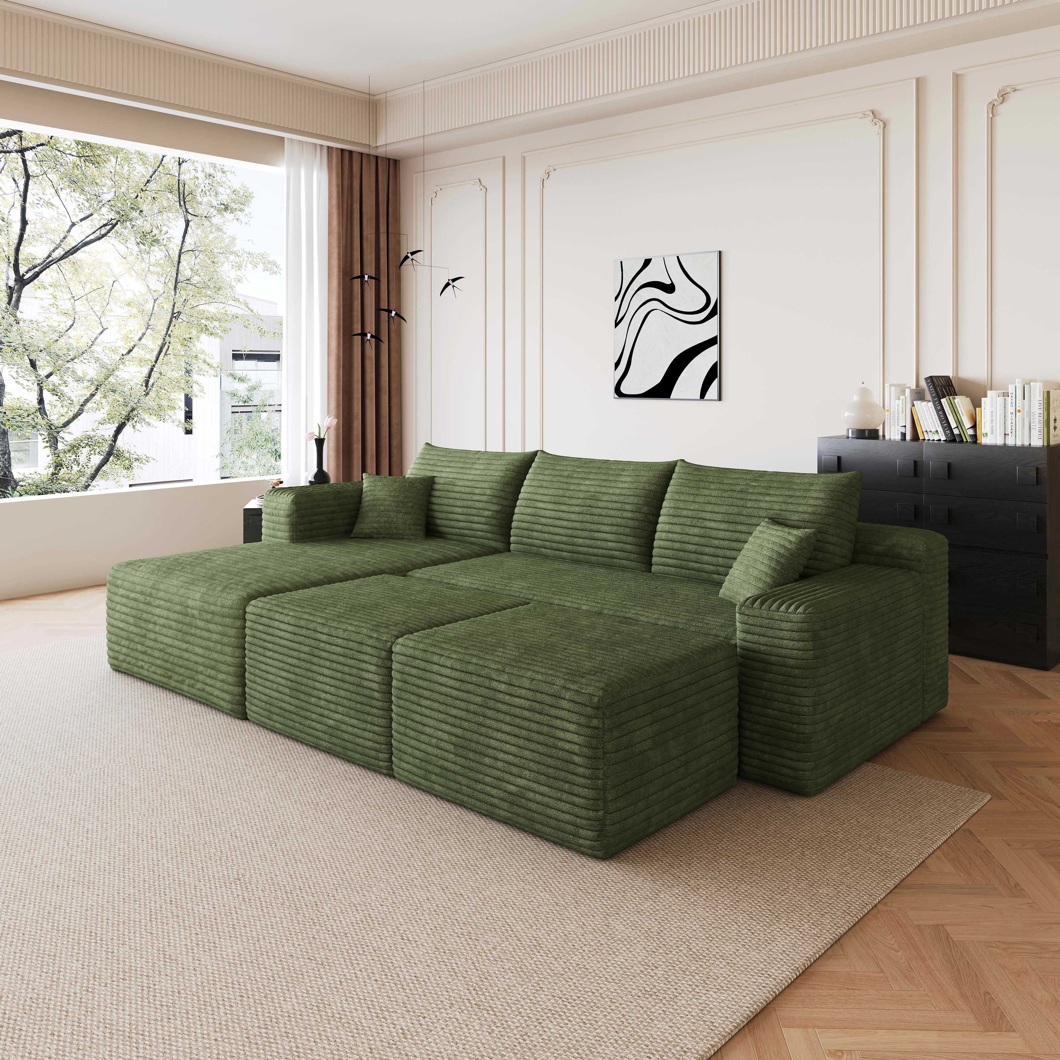MAYEERTY 95 Inch U‑Shaped Cloud Sectional Sofa with 2 Ottomans, Modern Deep‑Seat Corner Couch, Plush Corduroy Reversible Sofa, No‑Assembly for Living Room Bedroom Apartment
