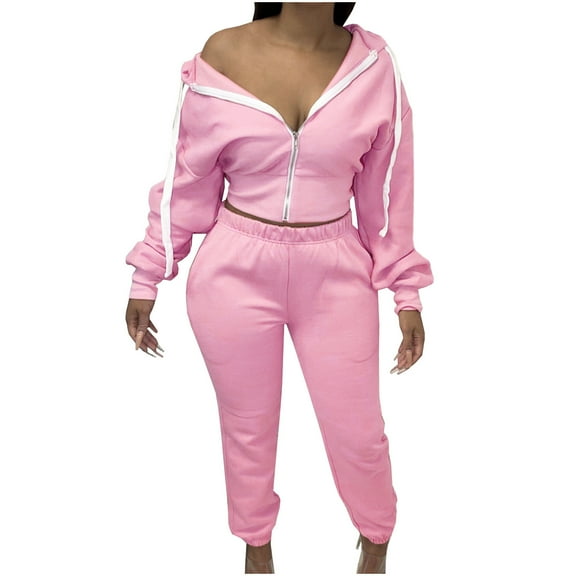 ibuvkizy Hoodie Sweatsuits Women 2 Piece Outfit!Women's Fall/Winter Solid Color Zip Up Padded Hoodie Long Pants Set Long Sleeve Hooded Set Pink,S