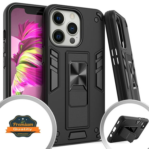 Xpression Cover for Apple iPhone 14 (6.1") Built-in Slide Kickstand Shockproof Armor Heavy Duty Dual Layer [Military Grade] Rugged Bumper Phone Case - Black