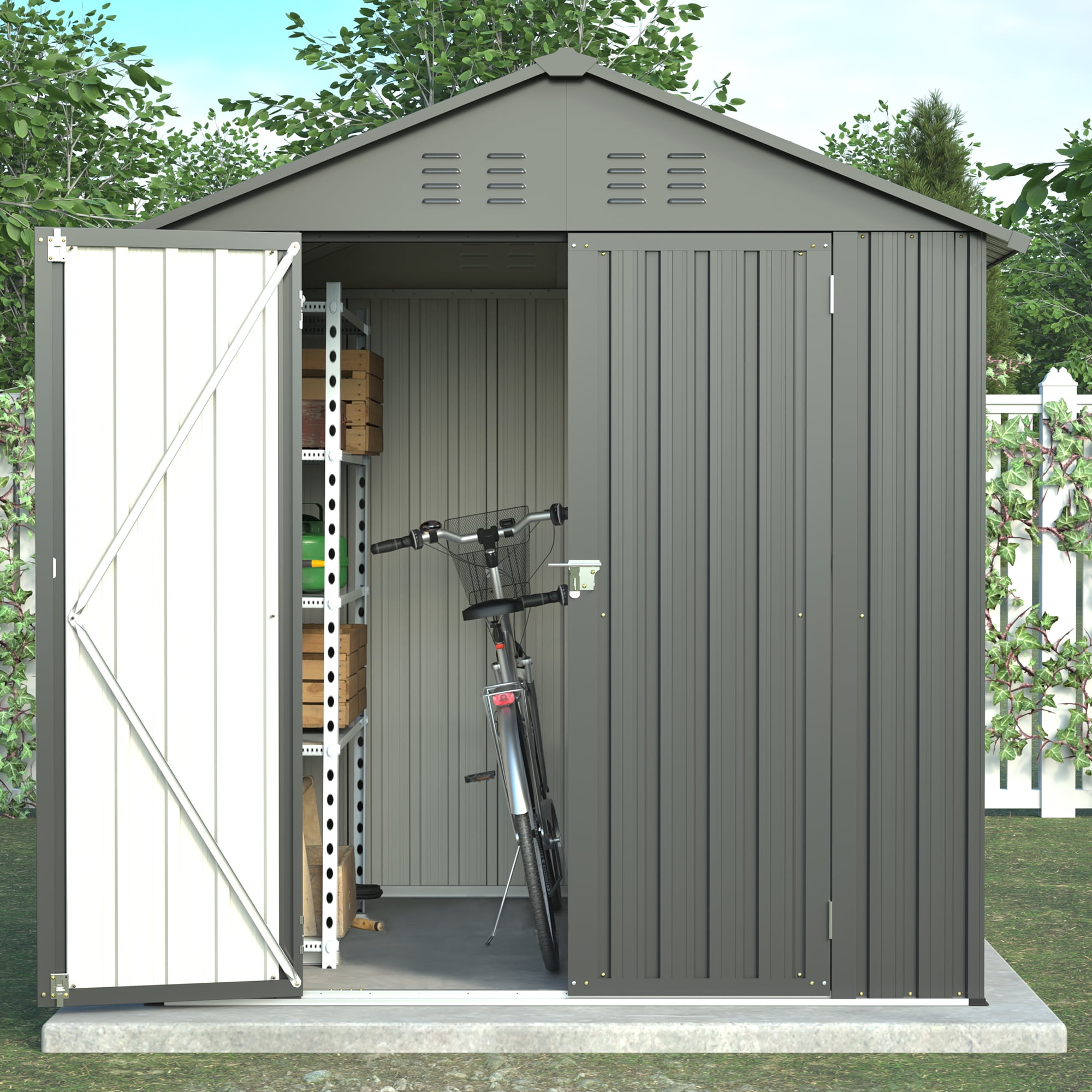 LZBEITEM 6x6 ft Metal Outdoor Storage Shed with Window, Lockable Tool Storage Shed, Steel Garden Sheds with Gable Roof for Backyard, Patio, Garage, Lawn, Black