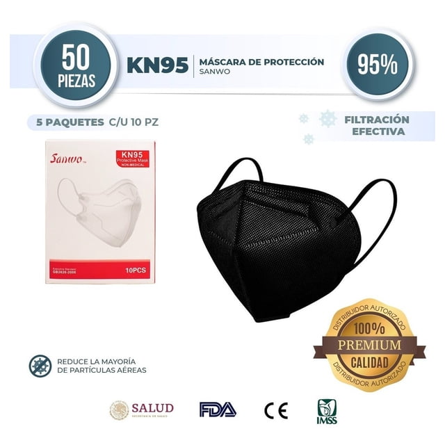 Cubrebocas KN95 Sanwo Negro Sin Válvula 50 piezas Sanwo KN95