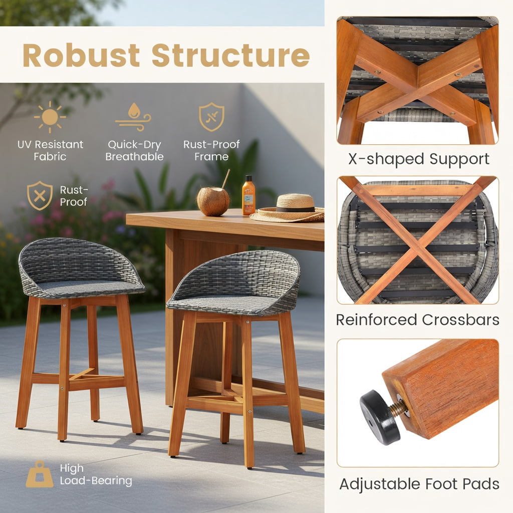 Hommoo 2-Piece Outdoor Bar Stool Set, PE Rattan & Solid Acacia Wood, Ergonomic Backrest, Footrest, Weather-Resistant, Natural