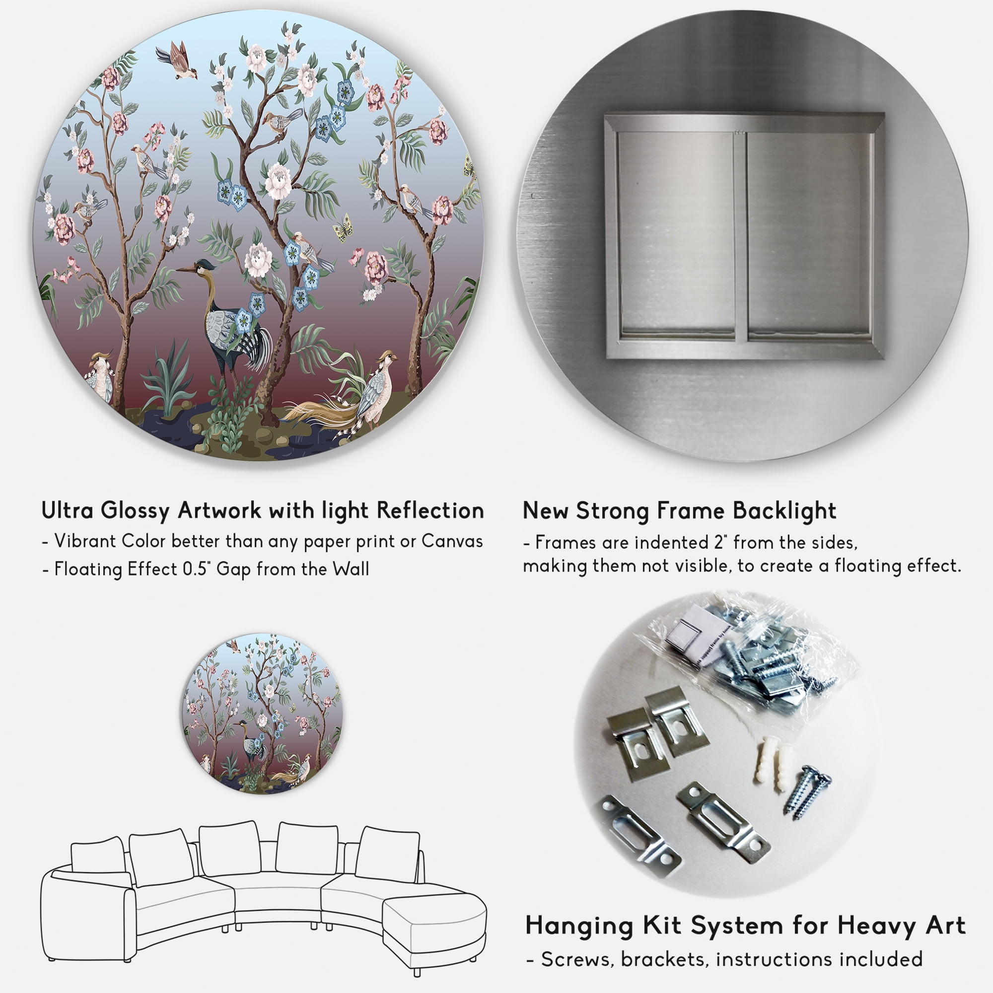 Designart 'Chinoiserie With Peonies and Birds XI' Traditional Circle Metal Wall Art 29x29 - Disc of 29