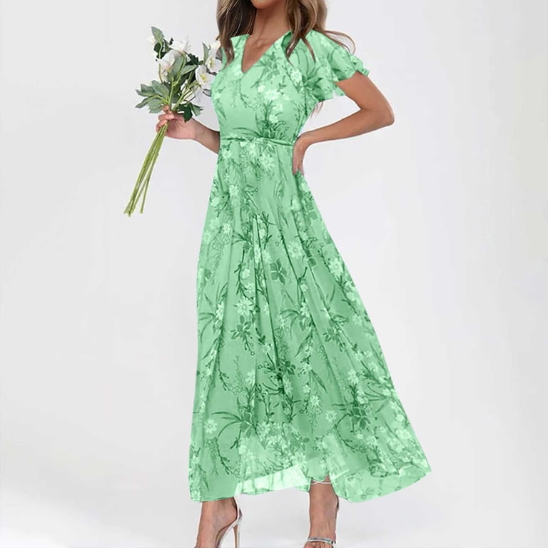 JYLPZYR Petite Summer Dresses For Women Women'S Fashionable Summer Casual  Floral V Neck Short Sleeved Long Dress Long(Green,L) - Walmart.com
