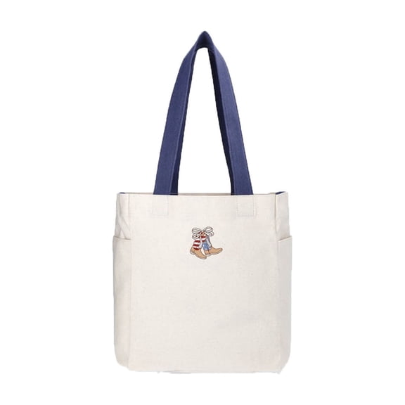 Canvas Tote Bag for Women with Embroidered Bow and Shoes Design, Natural Beige Lightweight Travel Handbag with Multiple Pockets for Daily Commuting and Shopping