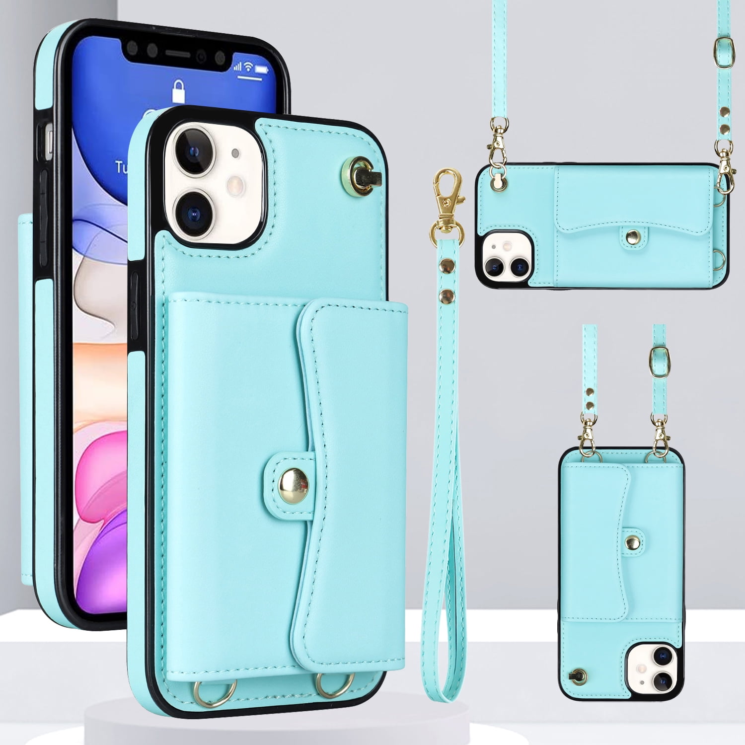 Mantto Crossbody Wallet Women Case for iPhone 15, [RFID Blocking] CRedit Card Holder Phone Case with Strap Leather Purse with Lanyard Magnetic Flip Cover Girl For iPhone 15, Blue