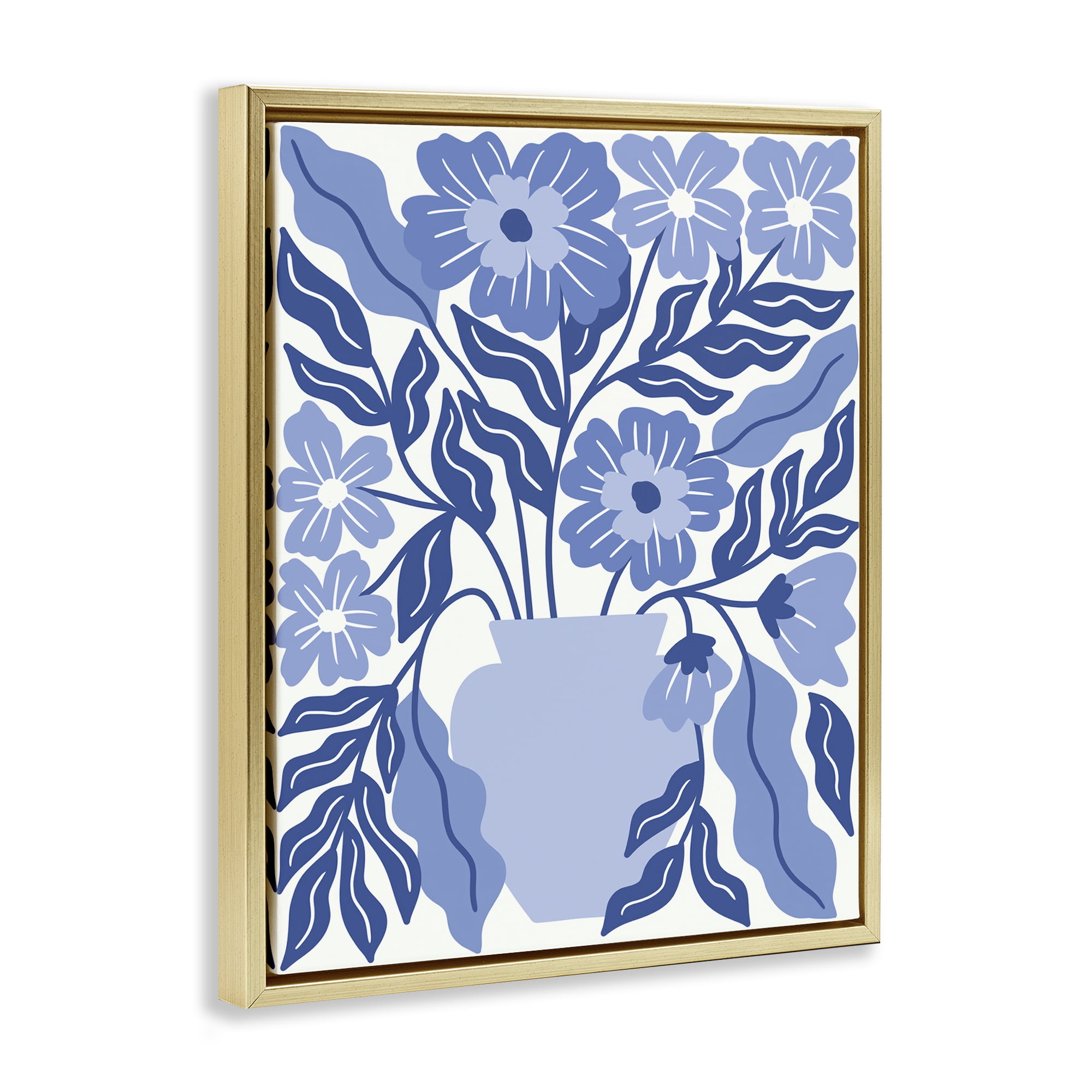 Stupell Industries Blue & White Flower Vase Plants & Flowers Painting Gold Floater Framed Canvas Art Print Wall Art, 25 x 31