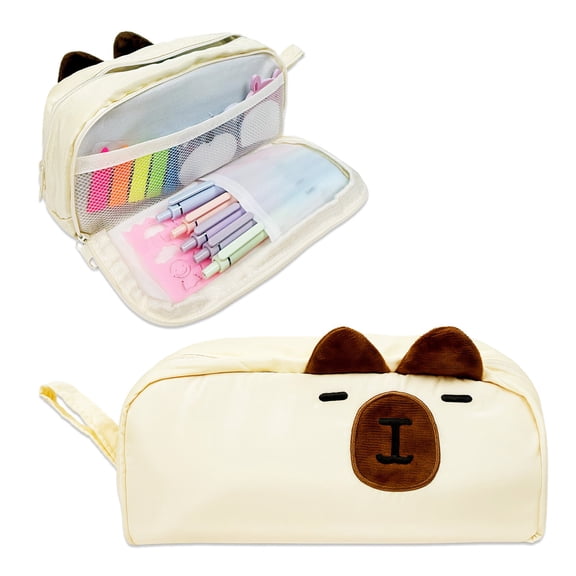 allydrew 3D Animal Face Pencil Case, Large Capacity 2 Compartment Pencil Pouch for Stationery Tools, Capybara