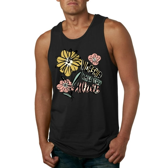 Wild Bobby Worship While You Wait Sunflower Pink and Yellow Inspirational/Christian Men Tank Top, Black, Small
