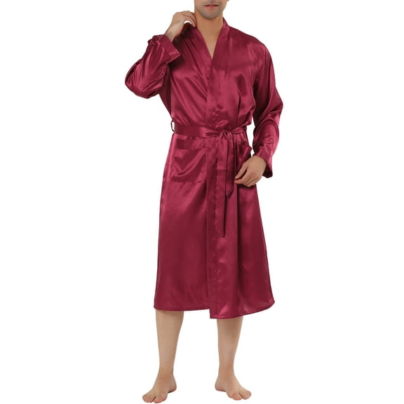 INSPIRE CHIC Men's Nightdress Satin Robe Long Sleeve Tied Sleepwear Bathrobe L Red