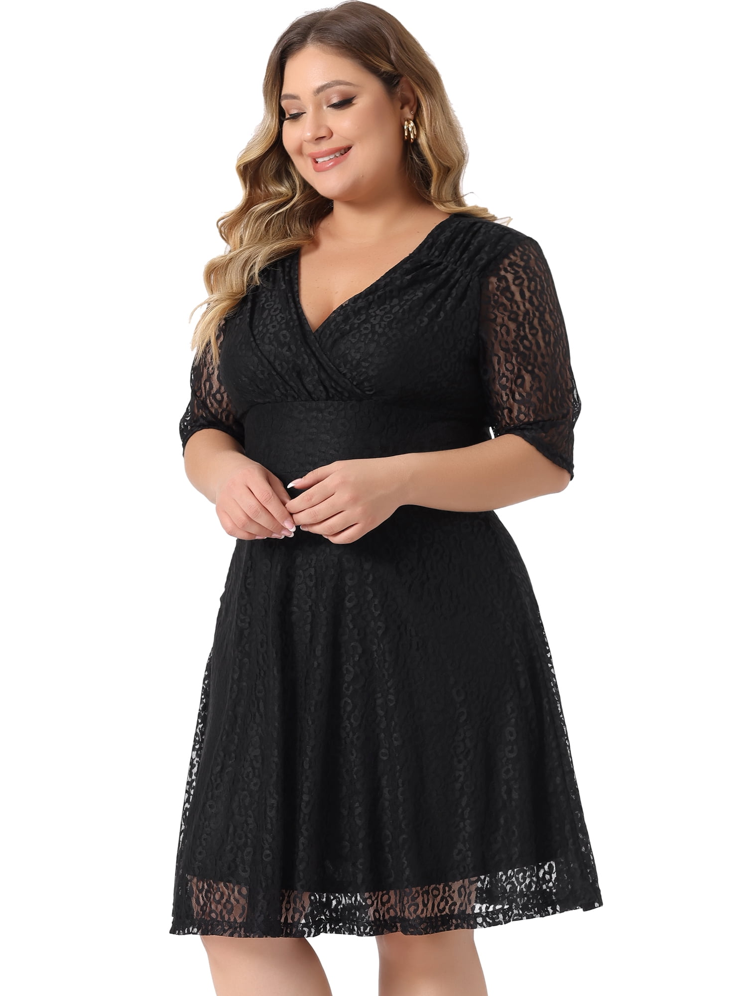 DARING DIVA V Neck Swing A-Line Cocktail Wedding Midi Lace Dress 1X Black