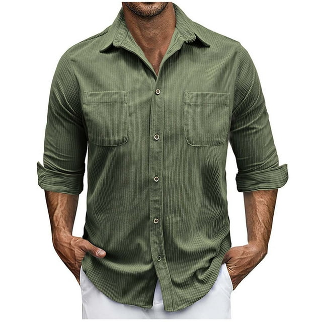 hotojiny Mens Corduroy Button down Shirts Shacket Vintage Textured Long Sleeve Jacket Lightweight Work Shirts with Pockets
