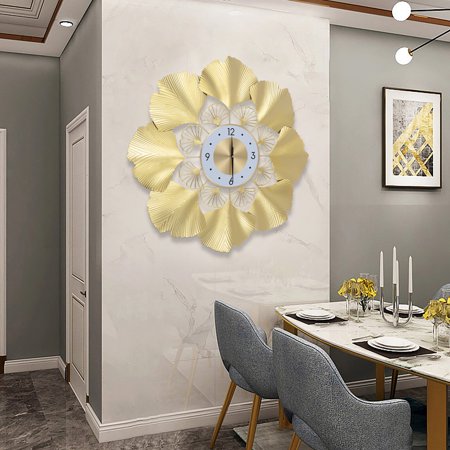 DENEST Gold Ginkgo Biloba Wall Clock - Elegant Round Design for Home Decor