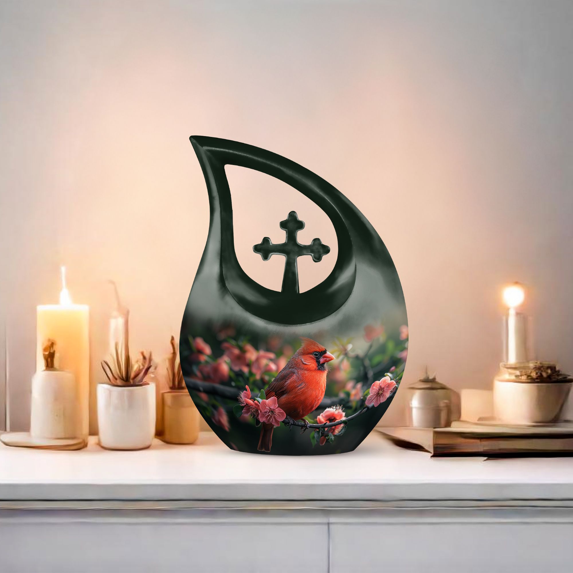 MUKTIVE Red Cardinal Bird on Blossom Tree Funeral Urn for Ashes Women & Men, Decorative Memorial Urn for Human Ashes, Combo Set, (1 Large 10 ", 4 Keepsake 3 ")