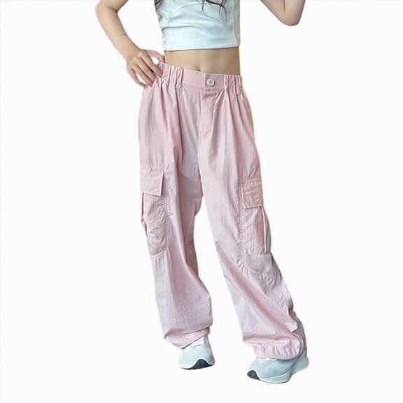 gibobby Girls Cargo Pants Wide Leg Streetwear Kids Pants with Pockets Trendy Jogger Trousers 4-14 Years,Pink
