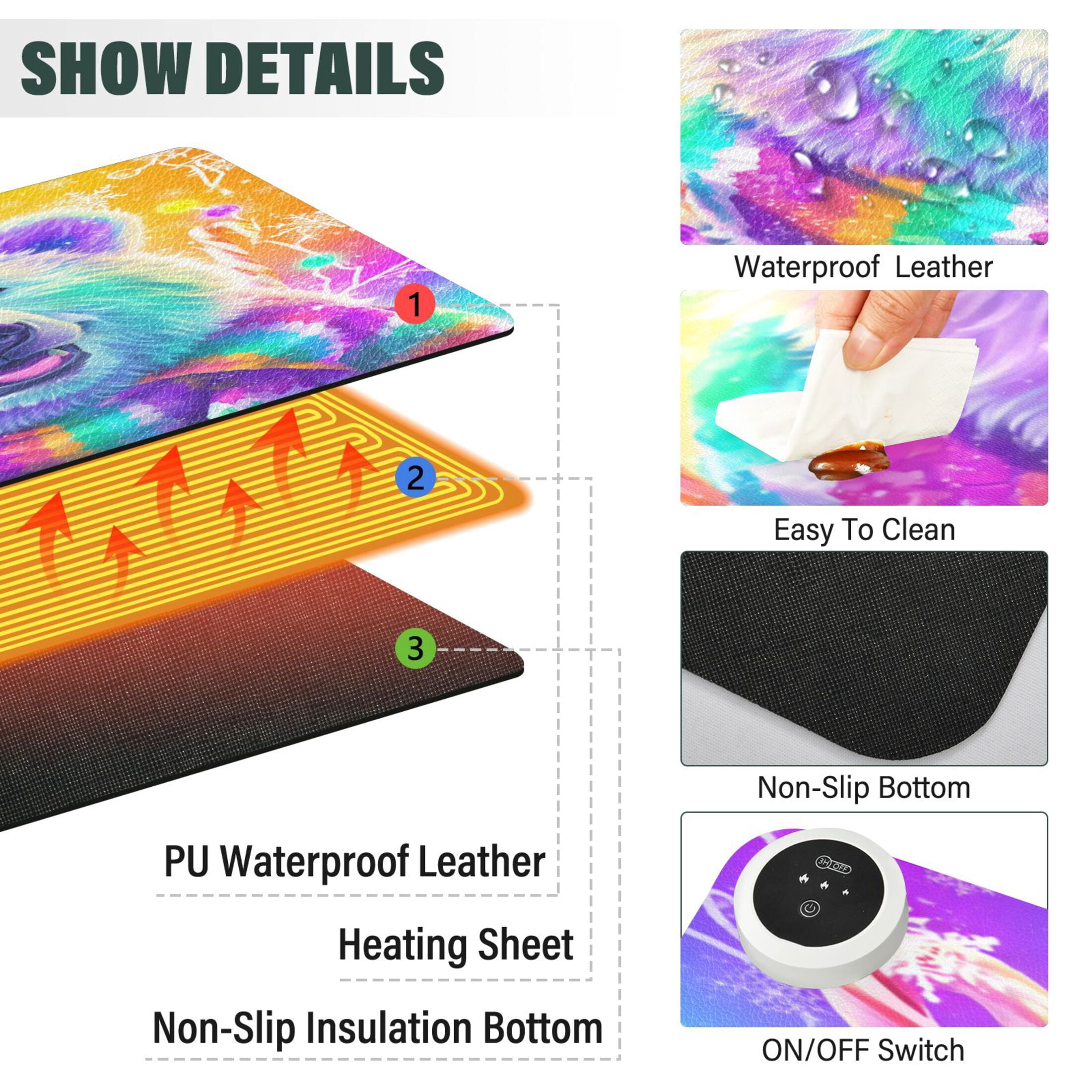 Large Heated Desk Mat Mouse Pad 31.5"x13"PU Leather Graphene Heating Desk Warmer with 3 Temperature Settings 110V US Plug Non-Slip Warm Pad for Home, Office, and Gaming Colorful Polar Bear Pattern