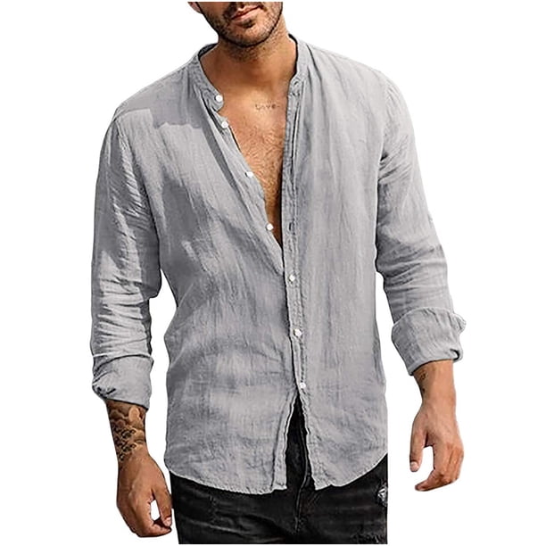 Camisa con cuello en V para hombre, de algodón y lino, informal, holgada, con cuello levantado Pompotops oipoqjl8388